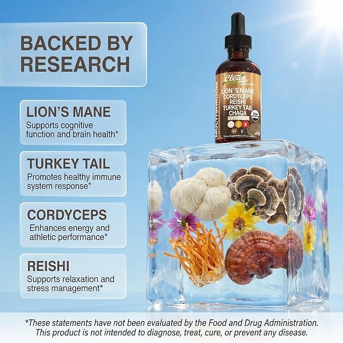 Mushroom Supplement Liquid Drops with Lions Mane Turkey Tail Cordyceps Reishi Chaga Shitake Maitake Tremella Oyster Mushrooms Poria Supplement and Enokitake Mushrooms Complex Blend by Clean Nutra