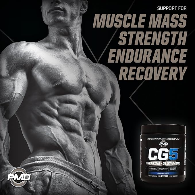 PMD Sports CG5 Premium Creatine & L Glutamine Powder, Power Recovery, Build Lean Muscle, Increase Workout Performance, Maximum Strength Pre Workout & Post Workout, Unflavored, 30 Servings