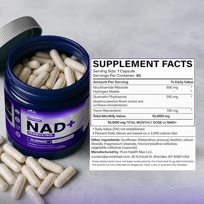 PHM NAD Resveratrol Supplement - 10,000mg Extra Strength | NAD+ Liposomal Supplements for Men and Women | NMN & NMNH Alternative | 90 Capsules, 1.5 Months Supply