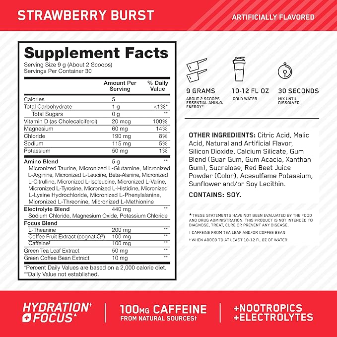 Optimum Nutrition Amino Energy Powder Plus Focus, with BCAA, Electrolytes, and Caffeine, Juicy Strawberry, 30 Servings (Packaging May Vary) (Pack of 6)
