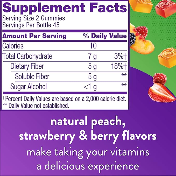 Vitafusion Fiber Well Sugar Free Fiber Supplement & Vitamin D3 Gummy Vitamins for Bone and Immune System Support, Peach, BlackBerry and Strawberry Flavored, 50 mcg Vitamin D, 75 Day Supply, 150 Count