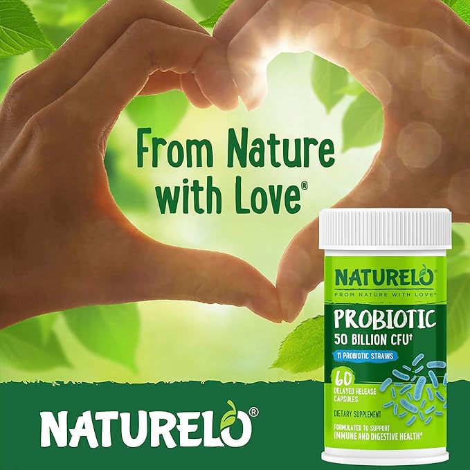 NATURELO Probiotics for Digestive Health, 50 Billion CFU, 60 Vegetarian Capsules, 11 Strains, Daily Use Supplement, Delayed Release, No-Fridge, Boosts Immune System, Probiotics for Women & Men