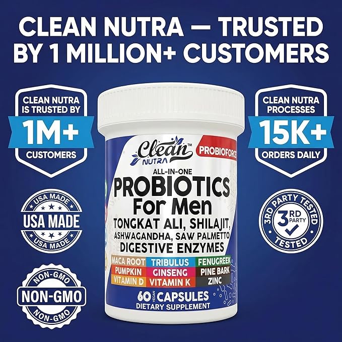 Clean Nutra Probiotics for Men | Tongkat Ali, Saw Palmetto, Tribulus, Ginseng, Ashwagandha, Maca, Pumpkin, Gingko Biloba, Pine Bark, Fenugreek, Shilajit, Zinc - Mens Probiotic 60 Capsules