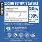 STAY ALIVE Sodium Butyrate Supplement 1200mg, Pure Butyric Acid Postbiotic, 120 Count, 2 Month Supply, Non-GMO and Gluten-Free Butyrate Powder Capsules