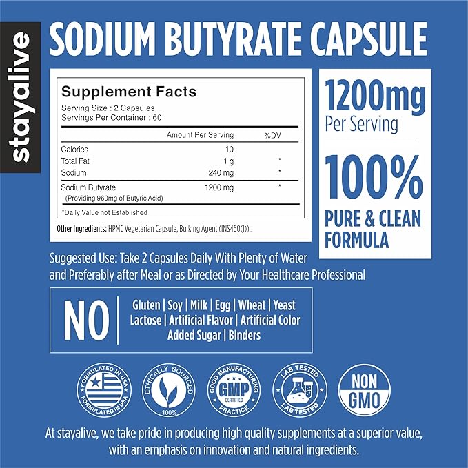 STAY ALIVE Sodium Butyrate Supplement 1200mg, Pure Butyric Acid Postbiotic, 120 Count, 2 Month Supply, Non-GMO and Gluten-Free Butyrate Powder Capsules