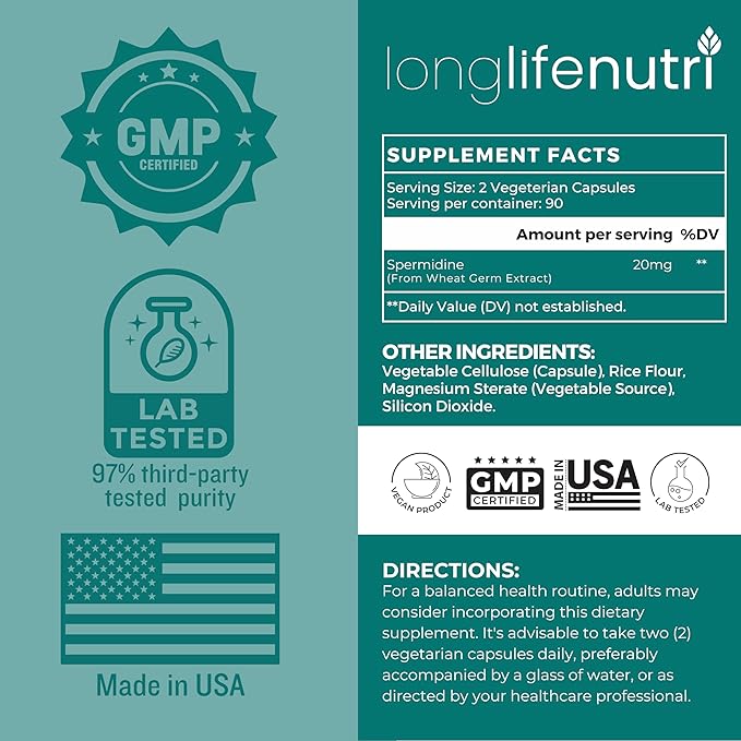LongLifeNutri Spermidine 20mg, Supports Cellular Health & Brain Function - 180 Count, 2 Serving Size, Vegan Capsules, Wheat Germ Extract, Naturally Support Wellness, Lab Tested, Crafted in USA