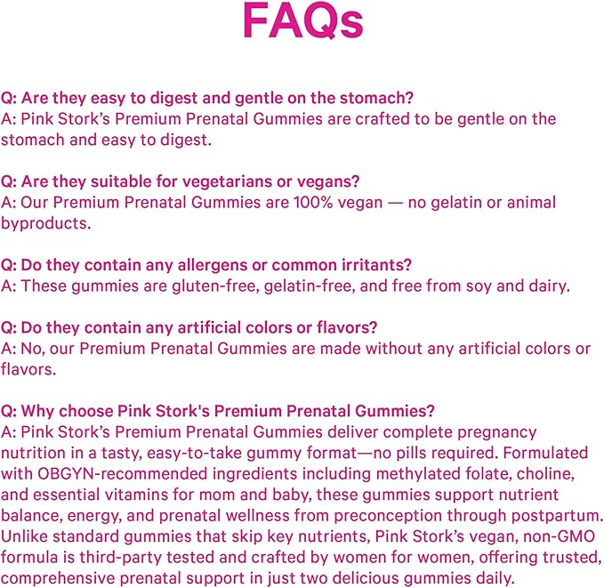 Pink Stork Premium Prenatal Gummy Vitamins with DHA, Folate, and Vitamin D - Multivitamin for Neural Tube and Fetal Brain Development - 60 Vegan Gummies for Morning Sickness Support