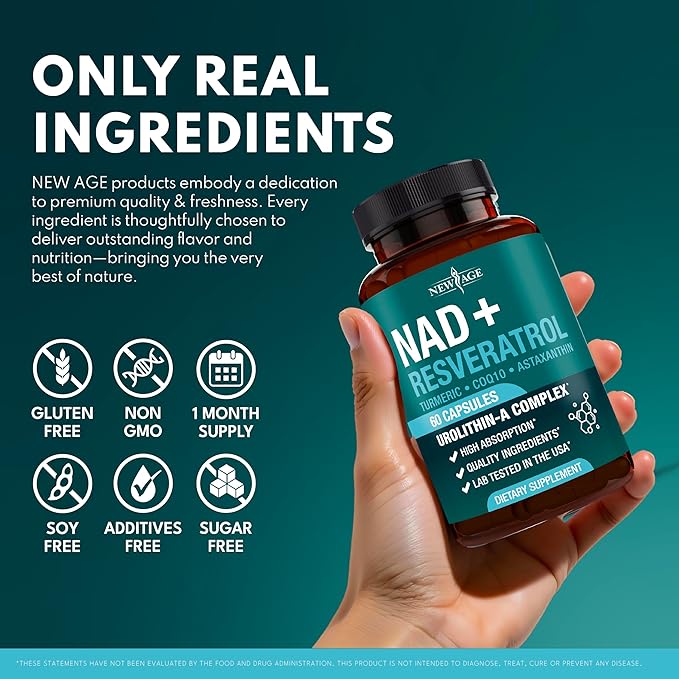 NEW AGE NAD+ Supplement Complex – NAD+ 300 mg with Astaxanthin, Urolithin A, Resveratrol, CoQ10 & Antioxidant Blend – Cellular Energy, Support or Women & Men – Vegan, Non-GMO- 120 Count