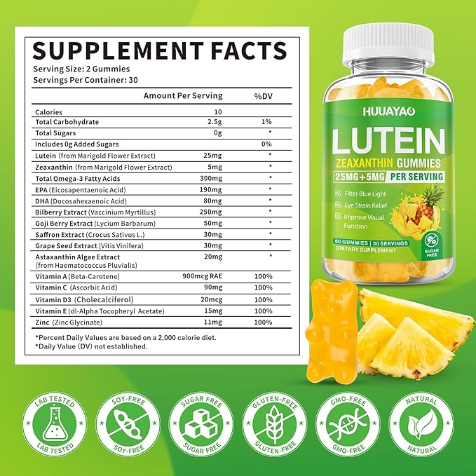 Lutein Gummies 25mg, Lutein and Zeaxanthin Supplements Eye Vitamins Gummies for Support Blue Light Protection, Vision & Overall Eye Health, Sugar Free, Pineapple Flavor, 60 Count