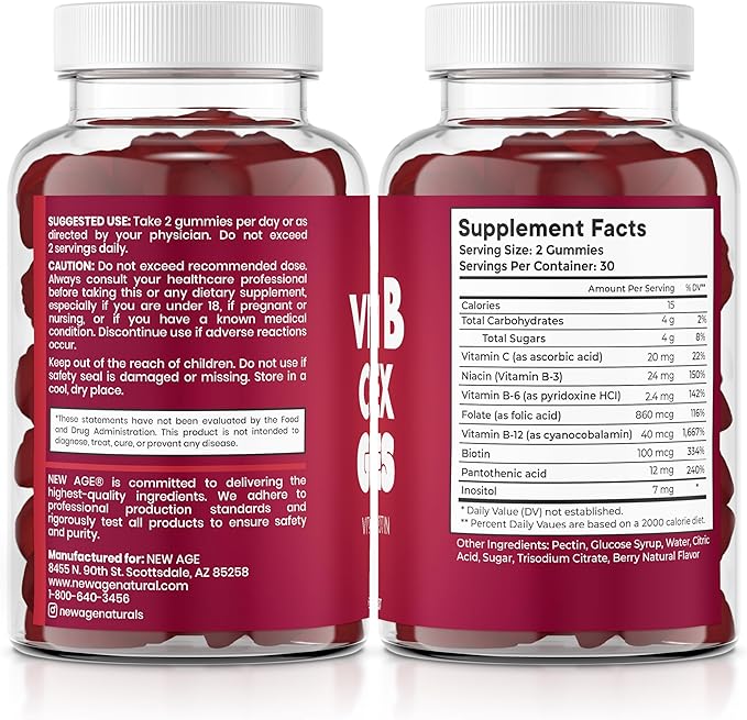 NEW AGE Vitamin B Complex Gummies with Vitamin B3, B5, B6, B7, B9 & B12 – with Biotin, Folic Acid & Vitamin C – Gluten-Free, Vegan, Made in The USA! (60 Count (Pack of 1))