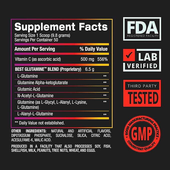 BPI Sports Best Glutamine Supplement, L Glutamine Powder for Gut Health, Muscle Recovery and Immune Support – 6 Advanced Glutamine Types + Vitamin C – 50 Servings – Berry Citrus Flavor