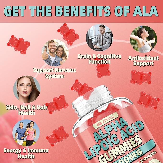 Alpha Lipoic Acid Gummies 1000 MG, High Potency Chewable ALA Supplement with Glutathione, CoQ10, Vitamin B Complex for Antioxidant, Cognitive, Nerve* Support, Sugar-Free, Raspberry Flavor, 60 Counts