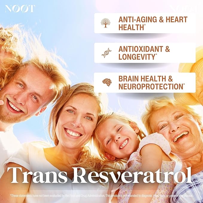 NOOT Trans Resveratrol Supplements 500mg High Purity Capsules for Longevity, Anti Aging, Brain & Heart Support, Cellular Health, Vegan Supplements & Antioxidants, Biohacking & Nootropics, 60 Capsules