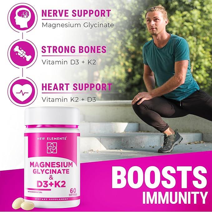 Magnesium Glycinate 500mg with High-Potency Vitamin D3 10,000 IU & Vitamin K2 200mcg | Enhanced with Coconut Oil for Optimal Absorption | Non-GMO, Gluten-Free, Sugar-Free Softgels (60 softgels)