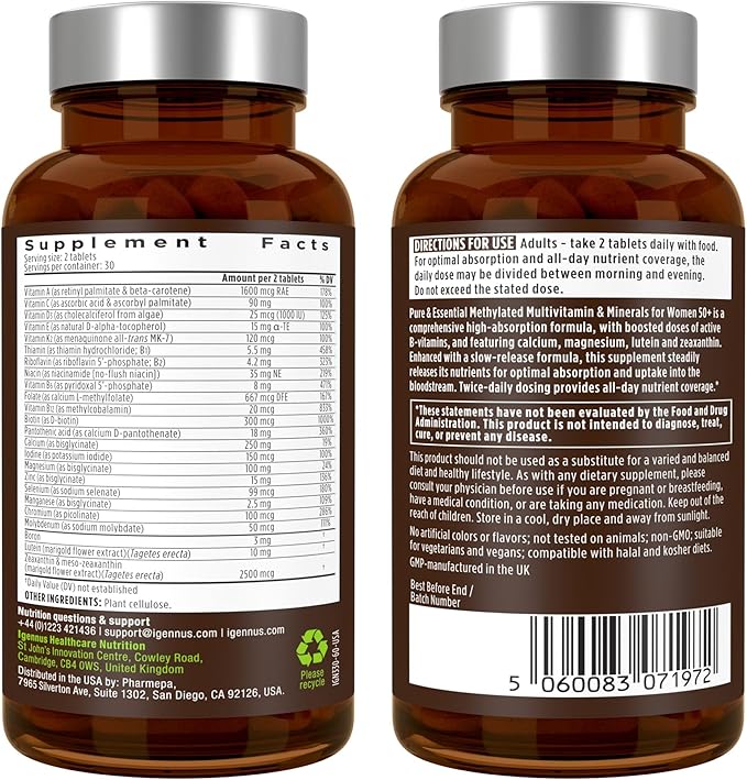 Igennus Methylated Multivitamin for Women 50+, Calcium & Magnesium for Bone Support, Sustained Release & Active B-Vitamins, Iron-Free Formula, Antioxidant Support, Clean Label, 60 Tablets