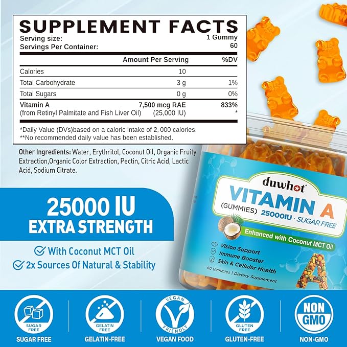 Vitamin A Gummies, 25000IU Vitamin A Supplement from Retinyl Palmitate & Fish Liver Oil, with Coconut Oil for High Absorption, Vision, Skin & Immune Health, Sugar-Free, Non-GMO, 60 Servings