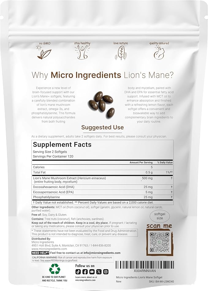 Micro Ingredients Lions Mane+ with Omega-3 EPA DHA & Phosphatidylserine – 240 Softgels with MCT Oil for Better Absorption – Fruiting Body & Mycelium Superfood Mushroom Extract – Lemon Flavored