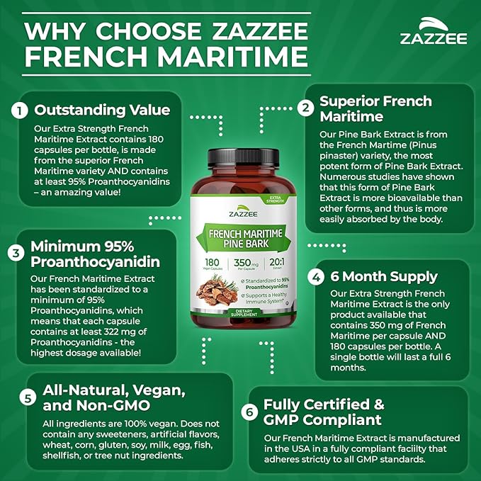 Zazzee Extra Strength French Maritime Pine Bark Extract 20:1, 350 mg Per Capsule, 95% Proanthocyanidins, 180 Vegan Capsules, 6 Month Supply, Certified Kosher, Antioxidant Support, Non-GMO, Made in USA