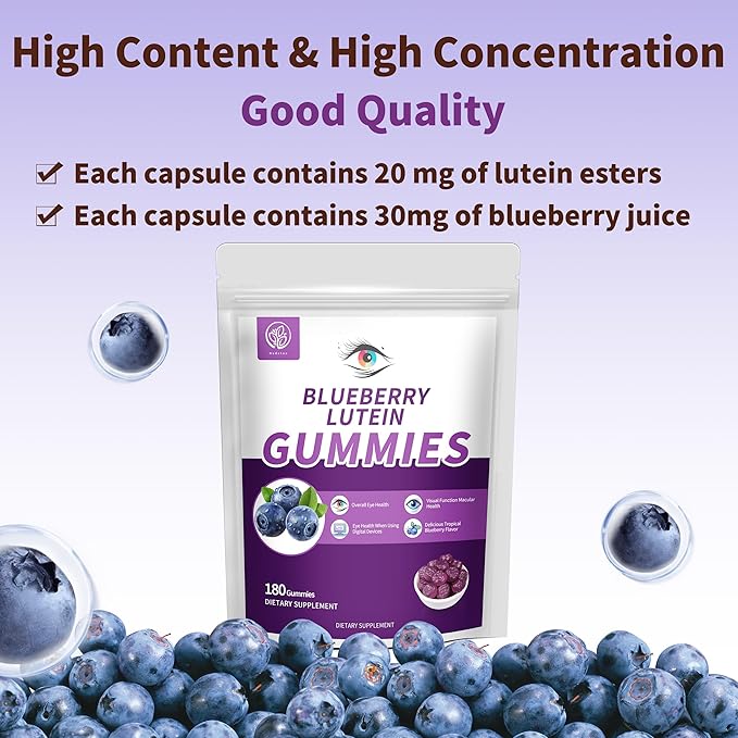 Blueberry Lutein Eye Vitamins Gummies with 180 Count - 3 Month Supply, Vegan Eye Health Supplement for Kids and Adult, Lutein Gummies for Vision Clarity and Blue Light Support