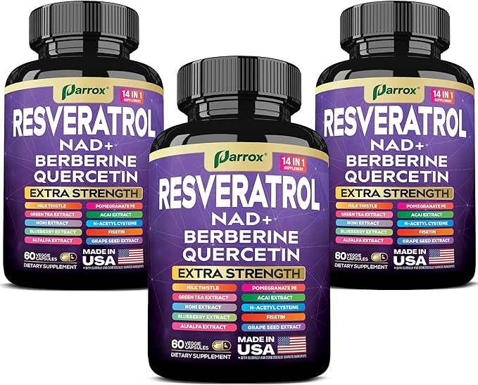 Resveratrol Supplement with Milk Thistle, NAD, Berberine, Quercetin, Fisetin, Pomegranate, Green Tea, Noni, Acai, Blueberry, Grape Seed Extracts, N-Acetyl Cysteine, 14-in-1 Extra Strength (180 Caps)