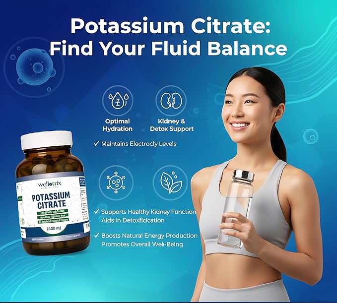 Wellotrix Potassium Citrate 1600 mg – 120 Vegan Capsules – Electrolyte Balance, Kidney Support, Urinary pH Health – Non-GMO, Gluten-Free, Made in USA – Vegan Formula