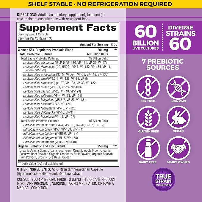 Vital Planet - Vital Flora Probiotics for Women Over 55 Daily Shelf Stable Probiotic 60 Billion CFU, 60 Diverse Strains, 7 Organic Prebiotics, Immune Support and Digestive Health 30 Capsules