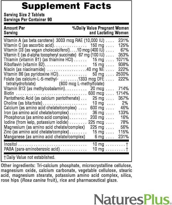 NaturesPlus Ultra Prenatal Multivitamin - 800 mcg Folate, 180 Vegetarian Tablets - Prenatal Supplement with Iron, Iodine, Calcium & B-Complex Vitamins - Gluten-Free - 90 Servings
