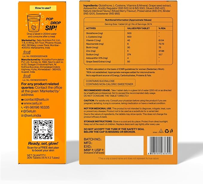 SETU Glutathione Effervescent Tablets with 500mg L-Glutathione & Vitamin C | Sugar-Free Antioxidant Supplement | Mixed Berry (Pack of 4)