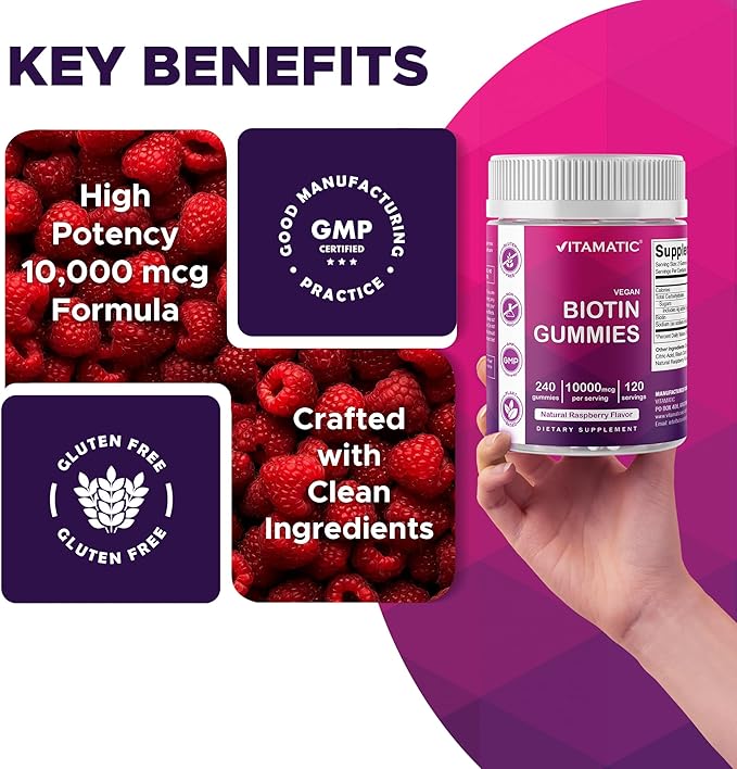Vitamatic Biotin Gummies 10,000 mcg for Stronger Hair, Skin & Nails - 240 Vegan Gummies - Also Called Vitamin B7