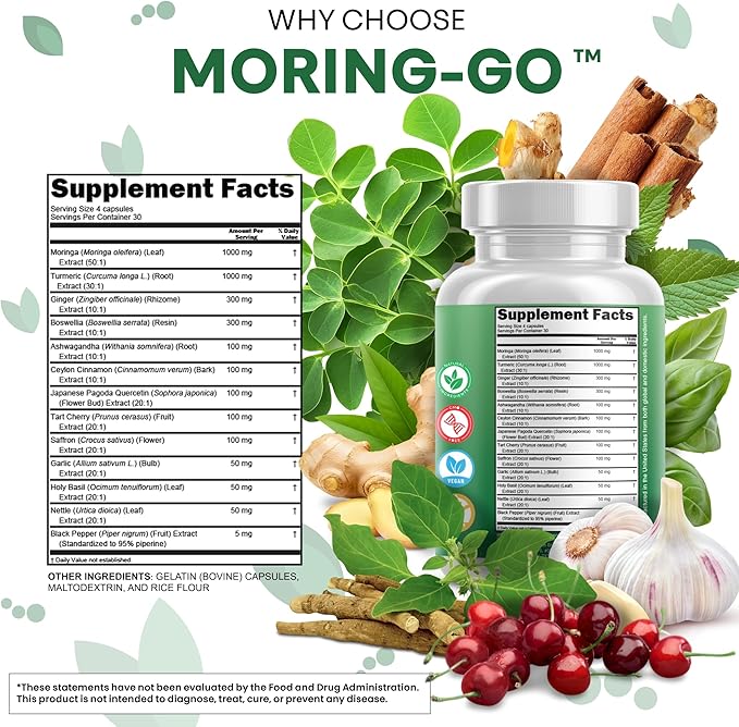 Moringa Powder Capsules + Turmeric Moringa Leaf Ceylon Cinnamon Ashwagandha Ginger Tart Cherry Boswellia Quercetin Garlic Holy Basil Saffron Nettle Black Pepper Moring-Go Supplement By Clean Nutra (2)