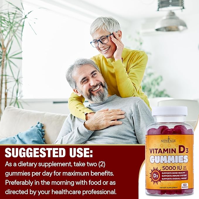 NEW AGE Vitamin D3 5000 IU 125mcg Gummies - Immune Supplement - Non-GMO, Gluten-Free, Dairy-Free, No Gelatin (120 Gummies (Pack of 2))
