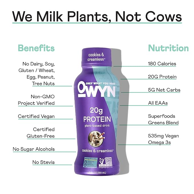 OWYN Only What You Need Plant Based Protein Shake, 20g Vegan Protein from Organic Pumpkin Seed, Flax, Pea Blend, Prebiotic Supplement, Superfood Greens, Gluten & Soy-Free (Cookies & Creamless)