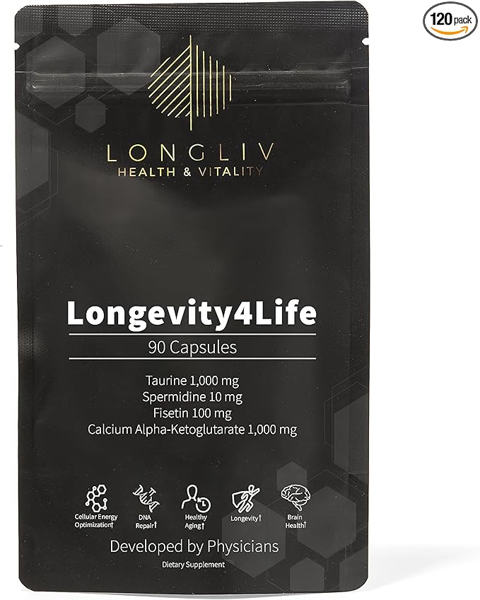 Longevity4Life - Ultimate Cellular Health Supplement - Fisetin, Taurine, Calcium Alpha-Ketoglutarate, and Spermidine Capsules for Longevity and Vitality - Made in USA - Physician Formulated