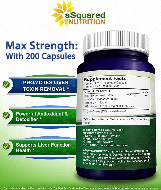 aSquared Nutrition Milk Thistle Supplement - 200 Capsules, Max Strength 4X Concentrated Extract 4:1 Milk Thistle Seed Powder Herb Pills, Silymarin Extract for Liver Support, Cleanse, Detox