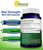 aSquared Nutrition Milk Thistle Supplement - 200 Capsules, Max Strength 4X Concentrated Extract 4:1 Milk Thistle Seed Powder Herb Pills, Silymarin Extract for Liver Support, Cleanse, Detox