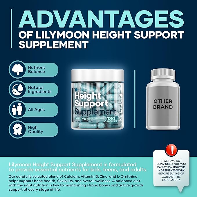 Height & Bone Support Supplement - Premium Height Growth Supplement for Kids & Teens with Calcium - Nutritional Support Bone Health Formula - Height Increase Essential Vitamins - 180 Caps