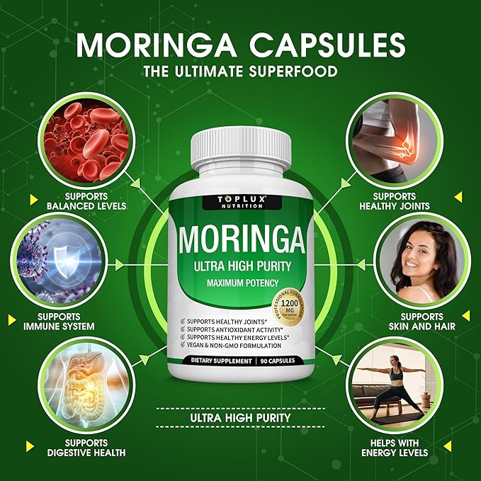 Toplux Moringa Capsules 1200mg – Pure Moringa Powder High Potency Leaf Extract Green Superfood Rich in Antioxidant, for Energy & Immune Support, Vegan Non-GMO 90 Capsules