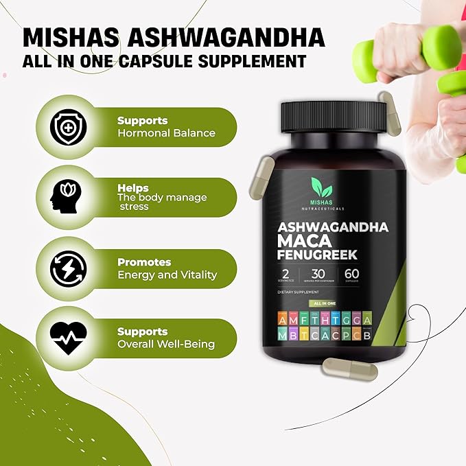 Mishas Nutraceuticals Ashwagandha, Maca Root, Fenugreek Supplement with Ginseng – Supports Stress Relief, Mood Balance & Thyroid Health – 60 Capsules