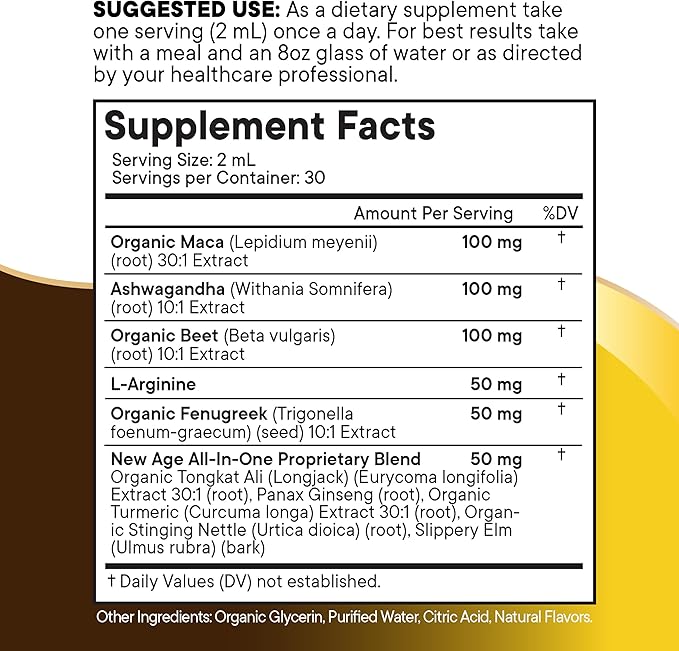 Organic Maca Root Liquid Drops with Ashwagandha, Nettle, Fenugreek, Beet Root and L-Arginine Liquid Multivitamin for Women and Men - 8oz