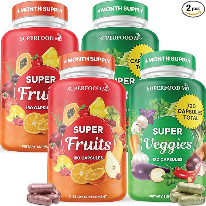 Superfood Fruit and Veggie Supplement - Fruit and Veggie Capsules 100% Whole Super Fruits and Super Vegetables Supplements & Vitamins, with Beta Carotene (720 Count (Pack of 4))