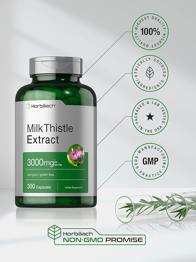 Horbäach Milk Thistle Supplement | 300 Capsules | Herbal Extract | Non-GMO, Gluten Free