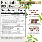 Probiotics 100 Billion CFU per Serving - 10 Strains & Prebiotics - Digestive Health, Gut & Immune Support - Supports Occasional Constipation, Gas & Bloating - Shelf Stable Bottled USA - 60 Capsules