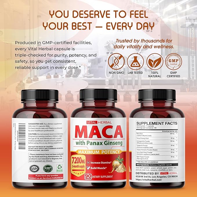 Vital Herbal Maca Root Complex with Ashwagandha, Tongkat Ali, Tribulus, Horny Goat Weed & Panax Ginseng – Herbal Support for Energy & Performance – 90-Day Supply