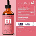 LongLifeNutri Vitamin B1 Liquid Drops - Thiamine Mononitrate Organic Supplement for Energy and Nerve Health, Fast Absorption, 4 FL OZ, 5-Month Supply, Lab Tested, Made in USA