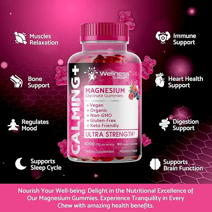 Magnesium Glycinate Gummies, 1000 mg - Magnesium Supplement to Support Relaxation, Heart Health - Chewable Calm Magnesio Gummies for Adults, Glicinato De Magnesio - Mix Berry Flavor