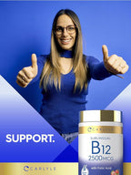 Carlyle Vitamin B12 Sublingual 2500 mcg | 250 Fast Dissolve Tablets | Cyanocobalamin Supplement with Folic Acid for Adults | Natural Berry Flavor | Vegetarian, Non-GMO, and Gluten Free