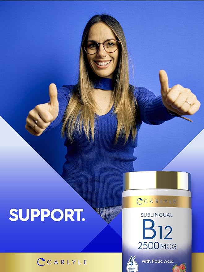 Carlyle Vitamin B12 Sublingual 2500 mcg | 250 Fast Dissolve Tablets | Cyanocobalamin Supplement with Folic Acid for Adults | Natural Berry Flavor | Vegetarian, Non-GMO, and Gluten Free