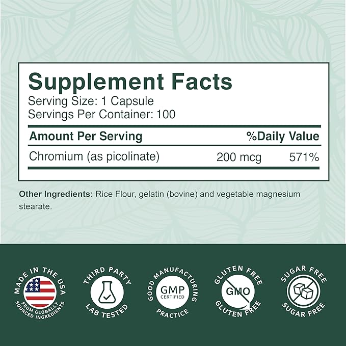 PurePremium Chromium Picolinate 200mcg - High Potency Chromium Supplements - Essential Mineral Health Support for Men/Women - Gluten-Free - 3 Months Supply - 100 Capsules