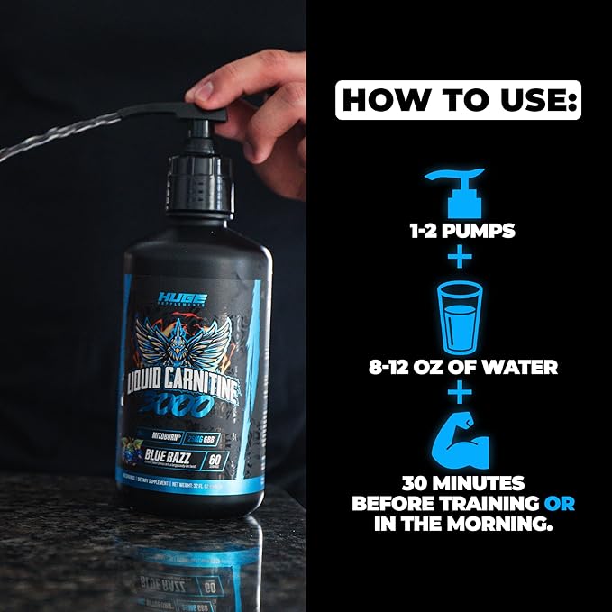 Huge Supplements Liquid L-Carnitine 3000, Superior Potency Infused with 500mg MitoBurn & 25mg GBB, Premium Stim-Free Thermogenic Fat Burner & Energy Boost, Convenient Pump Top, 32 Oz (60 Servings)