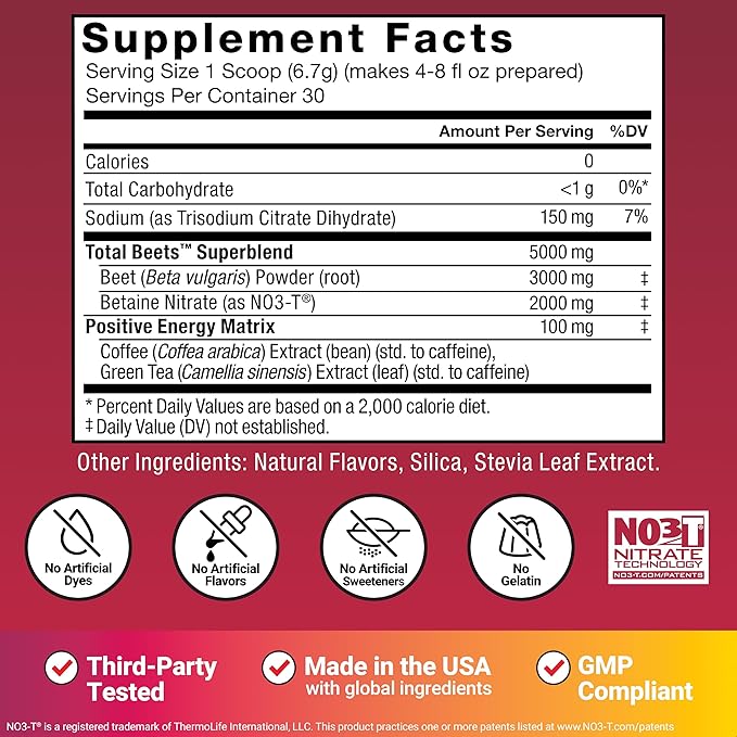 Total Beets Energy Drink Mix 2-Pack, Superfood Beet Root Powder, Nitrates to Boost Energy, Support Circulation, Blood Flow, Nitric Oxide and Stamina, Heart Health Supplement, Force Factor, 60 Servings